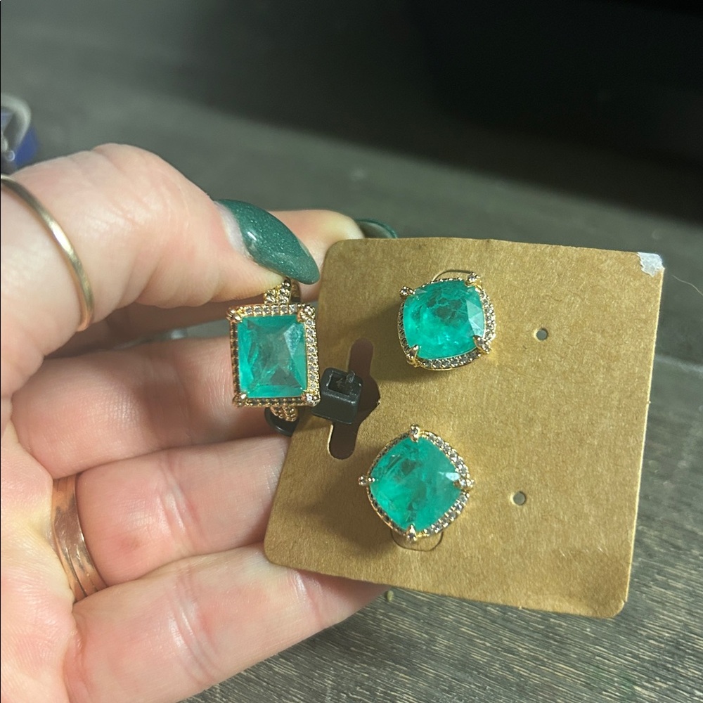 Bomb‎ Party Emerald & CZ Goldtone Cushion Stone Earrings & Ring Set